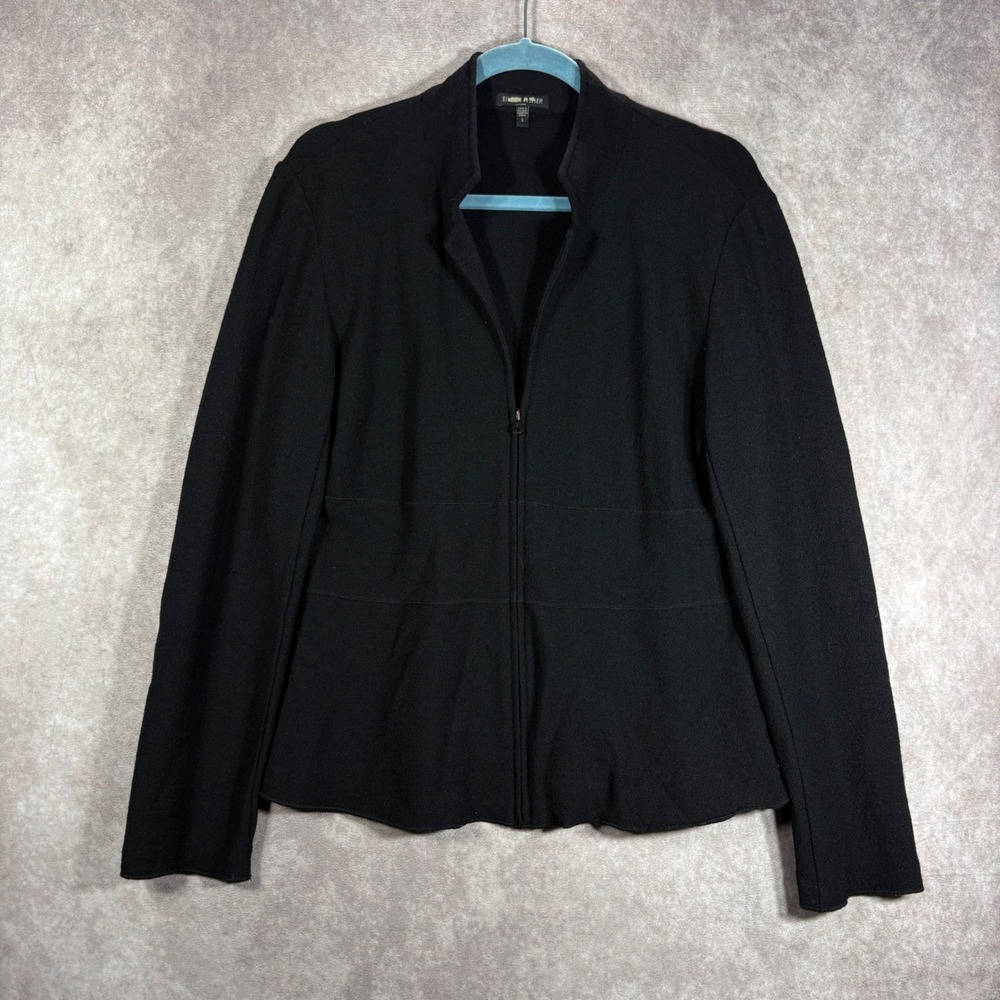 Eileen Fisher Cardigan Womens Small Black Full Zip Wool Mock Neck Peplum Jacket